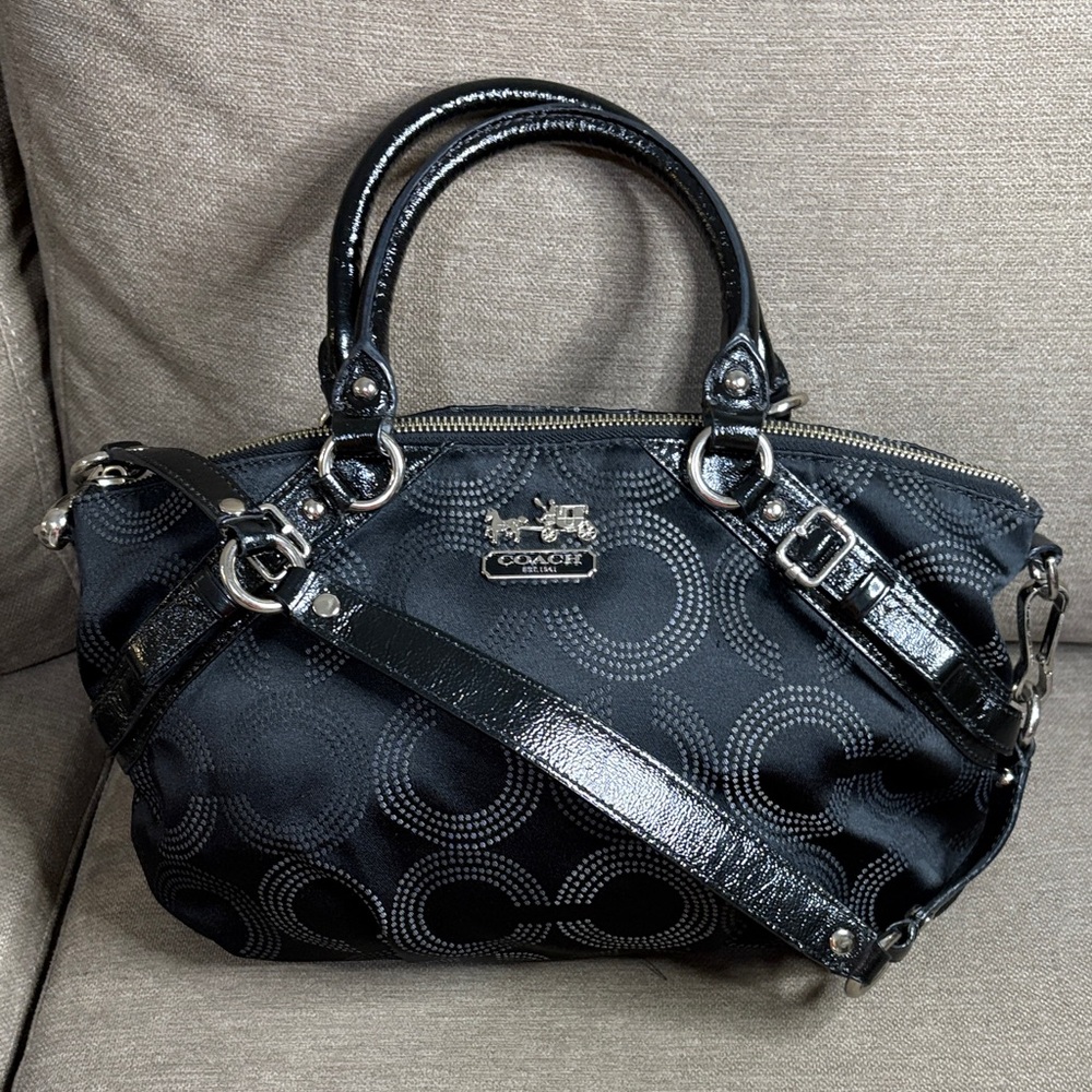 Coach Black Signature Dome Satchel with Patent Trim - Picture 2 of 12